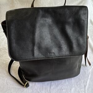 Fossil Black Brown Pebbled‎ Leather Backpack Gold Hardware Adjustable Strap